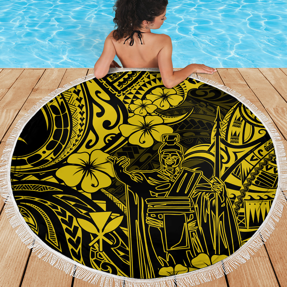 Hawaii King Kamehameha Beach Blanket Polynesian Pattern Yellow Version - Wonder Print Shop