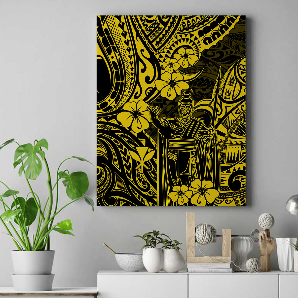 Hawaii King Kamehameha Canvas Wall Art Polynesian Pattern Yellow Version - Wonder Print Shop