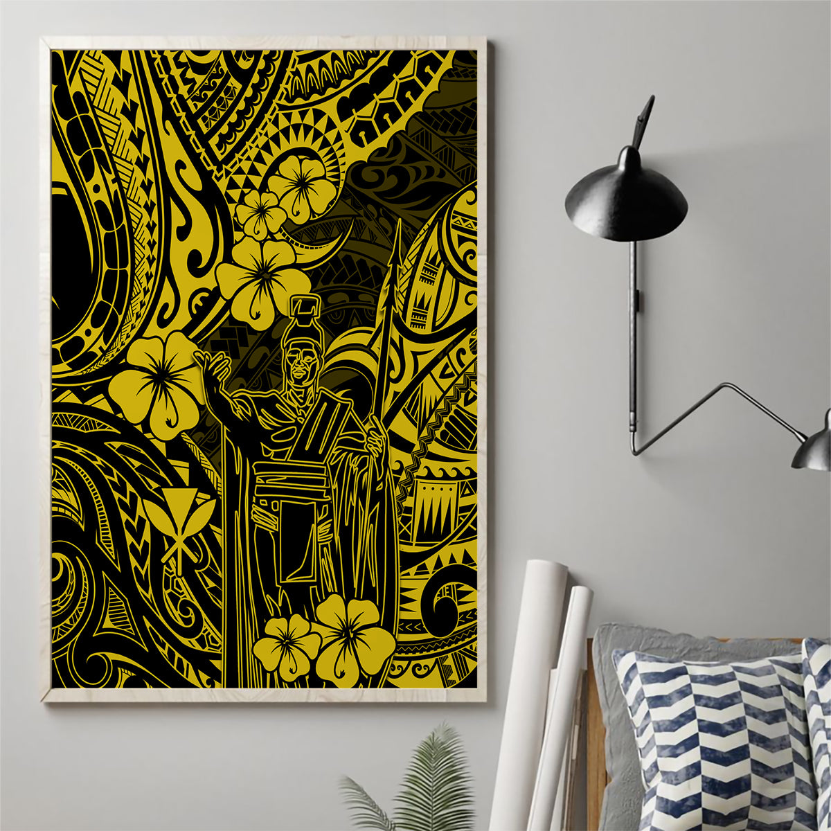 Hawaii King Kamehameha Canvas Wall Art Polynesian Pattern Yellow Version - Wonder Print Shop