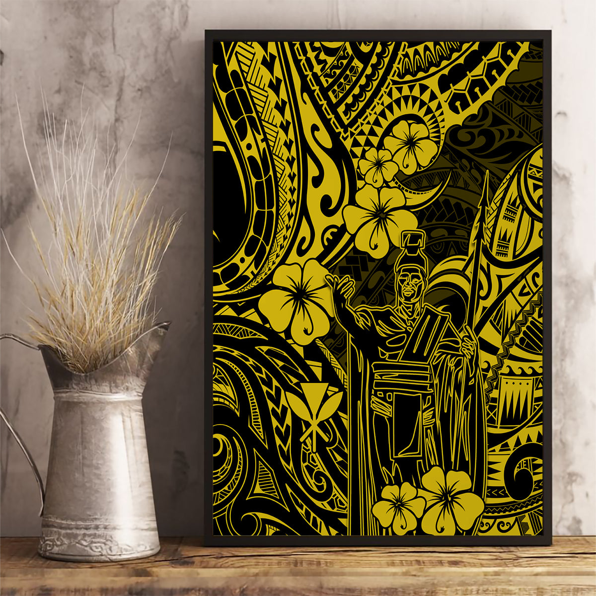 Hawaii King Kamehameha Canvas Wall Art Polynesian Pattern Yellow Version - Wonder Print Shop