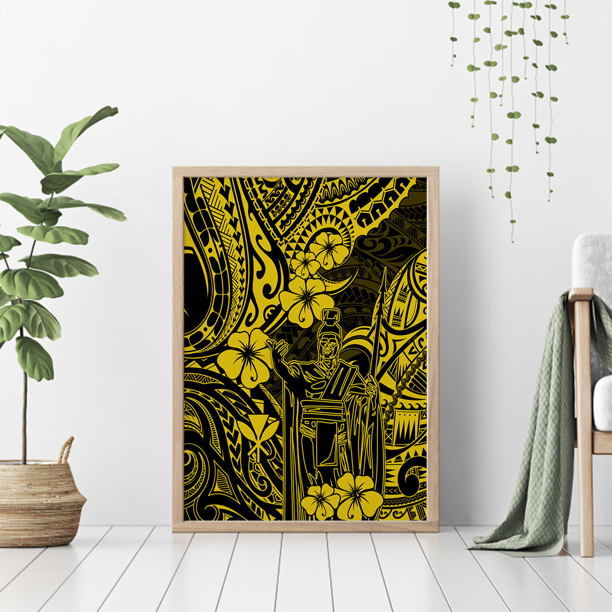 Hawaii King Kamehameha Canvas Wall Art Polynesian Pattern Yellow Version - Wonder Print Shop