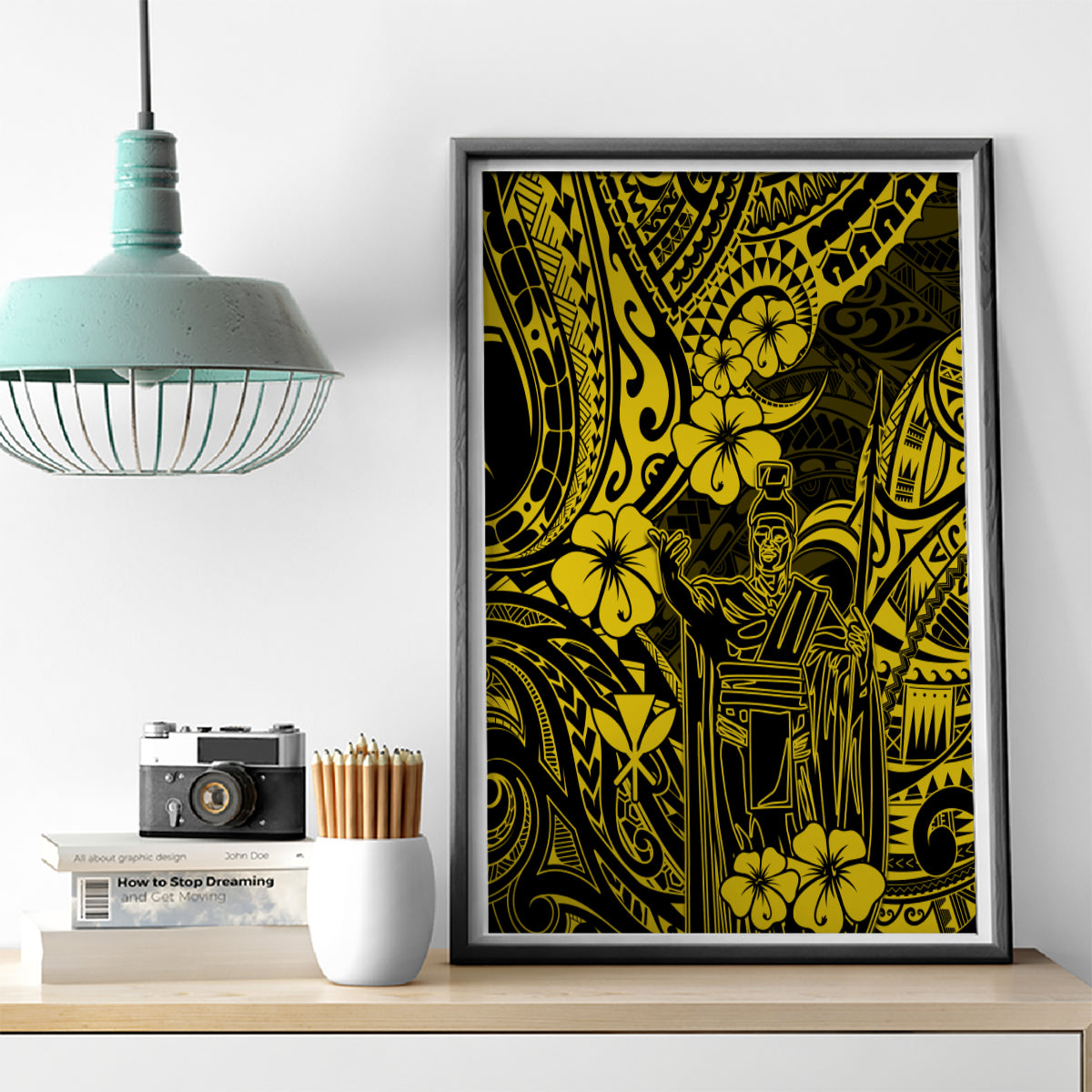 Hawaii King Kamehameha Canvas Wall Art Polynesian Pattern Yellow Version - Wonder Print Shop