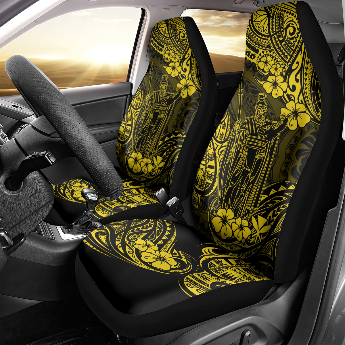 Hawaii King Kamehameha Car Seat Cover Polynesian Pattern Yellow Version - Wonder Print Shop