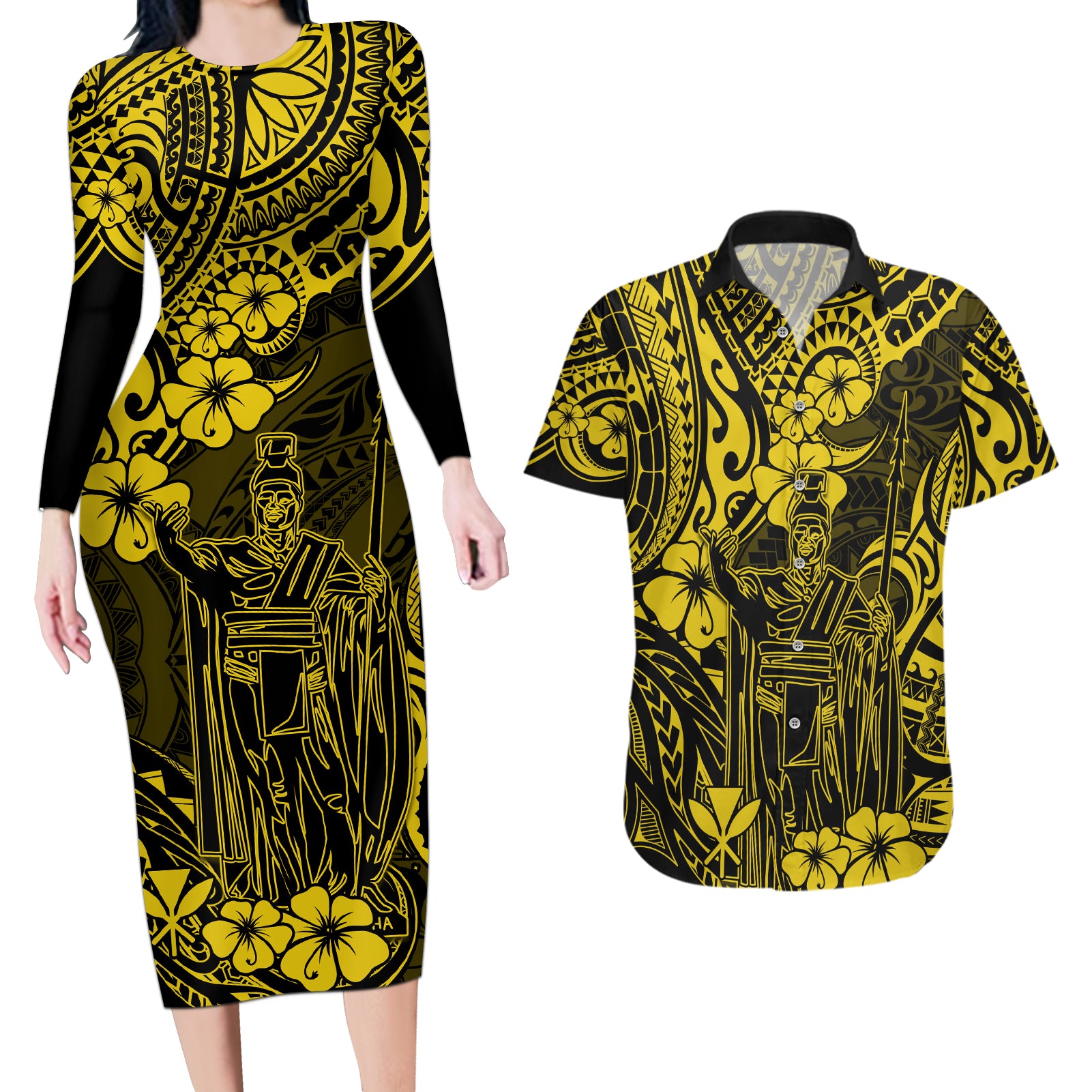 Hawaii King Kamehameha Couples Matching Long Sleeve Bodycon Dress and Hawaiian Shirt Polynesian Pattern Yellow Version - Wonder Print Shop