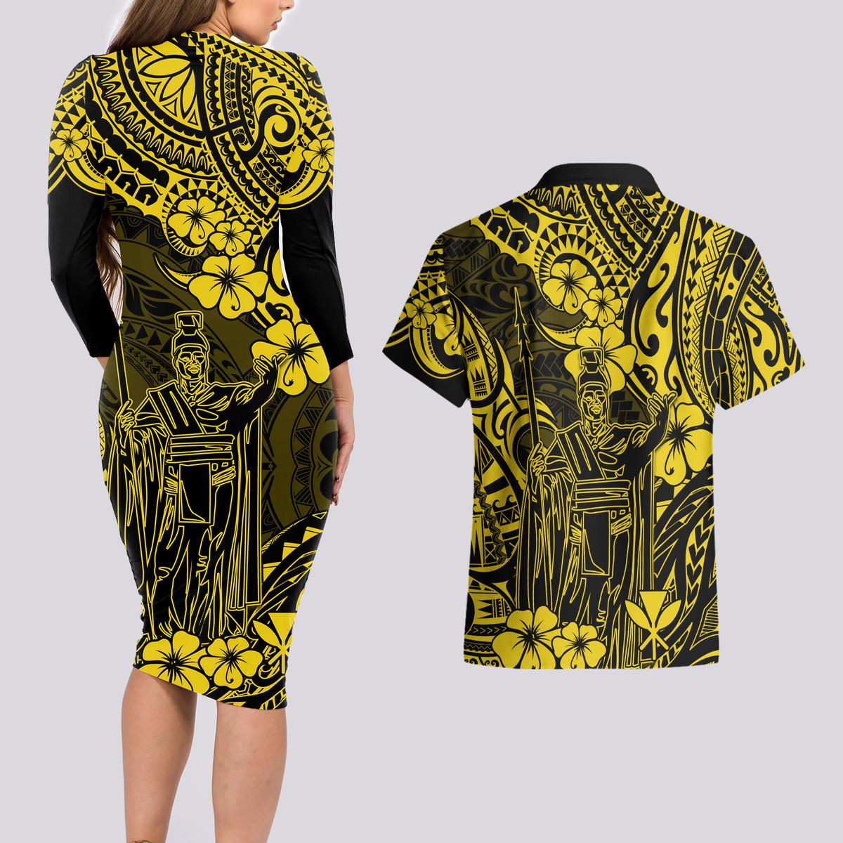 Hawaii King Kamehameha Couples Matching Long Sleeve Bodycon Dress and Hawaiian Shirt Polynesian Pattern Yellow Version - Wonder Print Shop