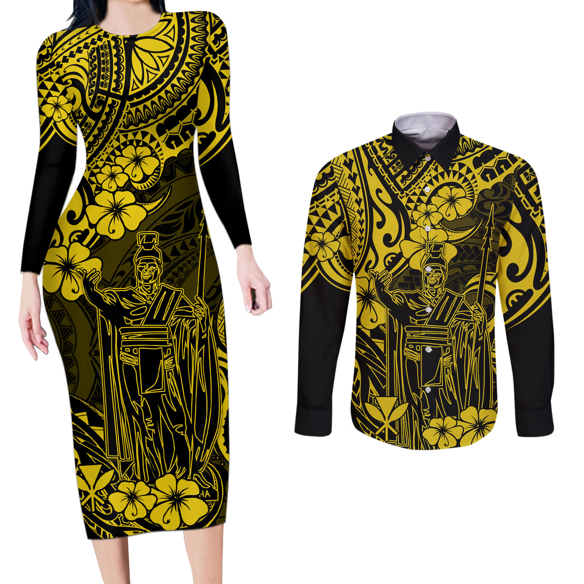 Hawaii King Kamehameha Couples Matching Long Sleeve Bodycon Dress and Long Sleeve Button Shirts Polynesian Pattern Yellow Version - Wonder Print Shop