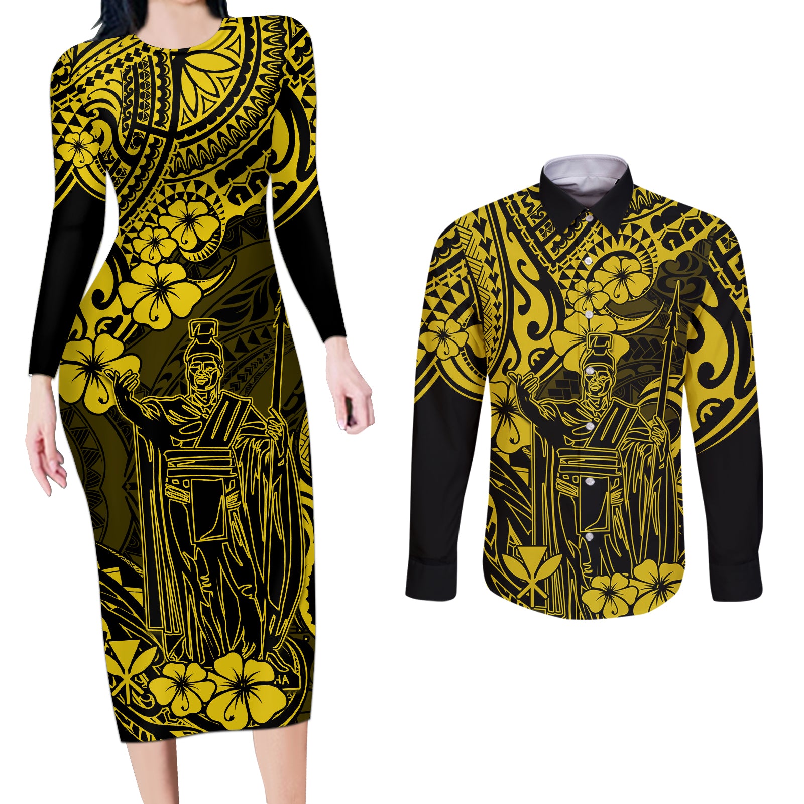 Hawaii King Kamehameha Couples Matching Long Sleeve Bodycon Dress and Long Sleeve Button Shirts Polynesian Pattern Yellow Version - Wonder Print Shop