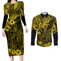 Hawaii King Kamehameha Couples Matching Long Sleeve Bodycon Dress and Long Sleeve Button Shirts Polynesian Pattern Yellow Version - Wonder Print Shop