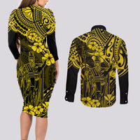 Hawaii King Kamehameha Couples Matching Long Sleeve Bodycon Dress and Long Sleeve Button Shirts Polynesian Pattern Yellow Version - Wonder Print Shop