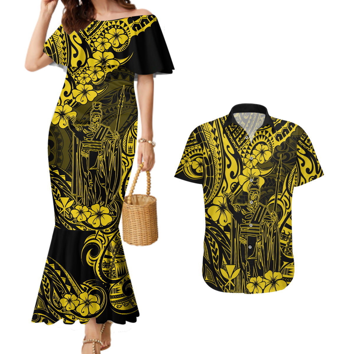 Hawaii King Kamehameha Couples Matching Mermaid Dress and Hawaiian Shirt Polynesian Pattern Yellow Version - Wonder Print Shop