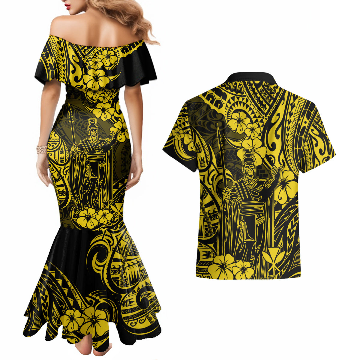 Hawaii King Kamehameha Couples Matching Mermaid Dress and Hawaiian Shirt Polynesian Pattern Yellow Version - Wonder Print Shop