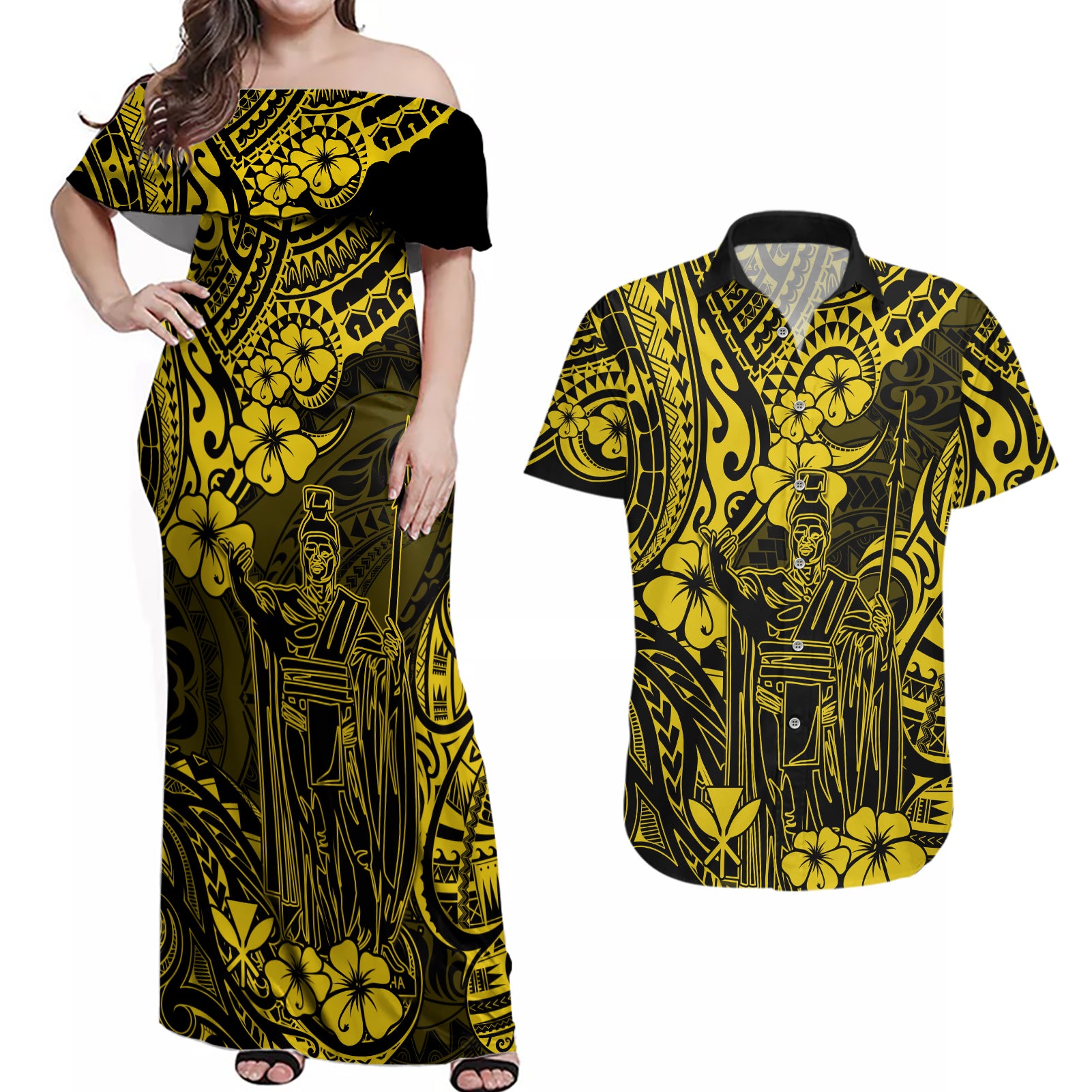 Hawaii King Kamehameha Couples Matching Off Shoulder Maxi Dress and Hawaiian Shirt Polynesian Pattern Yellow Version - Wonder Print Shop