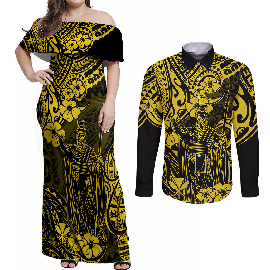 Hawaii King Kamehameha Couples Matching Off Shoulder Maxi Dress and Long Sleeve Button Shirts Polynesian Pattern Yellow Version - Wonder Print Shop