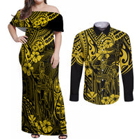 Hawaii King Kamehameha Couples Matching Off Shoulder Maxi Dress and Long Sleeve Button Shirts Polynesian Pattern Yellow Version - Wonder Print Shop