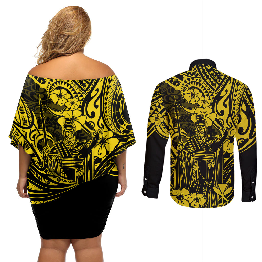 Hawaii King Kamehameha Couples Matching Off Shoulder Short Dress and Long Sleeve Button Shirts Polynesian Pattern Yellow Version - Wonder Print Shop