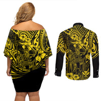 Hawaii King Kamehameha Couples Matching Off Shoulder Short Dress and Long Sleeve Button Shirts Polynesian Pattern Yellow Version - Wonder Print Shop