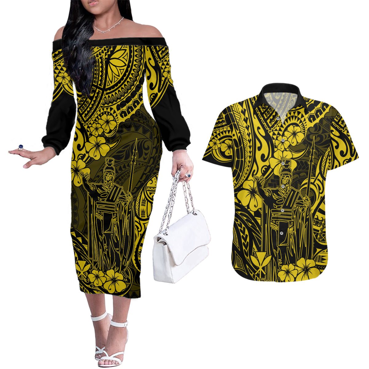 Hawaii King Kamehameha Couples Matching Off The Shoulder Long Sleeve Dress and Hawaiian Shirt Polynesian Pattern Yellow Version - Wonder Print Shop