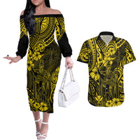 Hawaii King Kamehameha Couples Matching Off The Shoulder Long Sleeve Dress and Hawaiian Shirt Polynesian Pattern Yellow Version - Wonder Print Shop