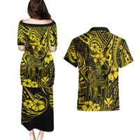 Hawaii King Kamehameha Couples Matching Puletasi Dress and Hawaiian Shirt Polynesian Pattern Yellow Version - Wonder Print Shop