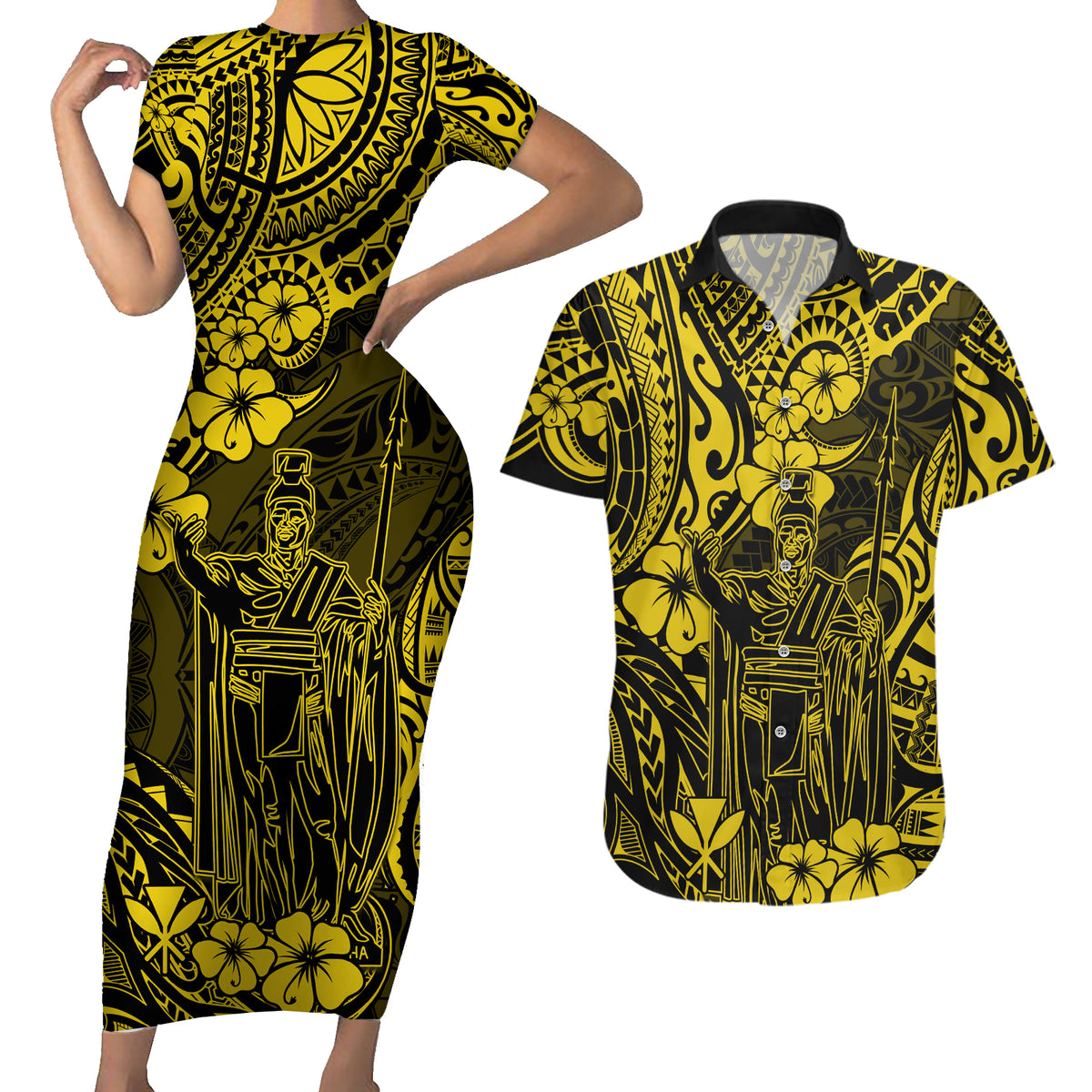 Hawaii King Kamehameha Couples Matching Short Sleeve Bodycon Dress and Hawaiian Shirt Polynesian Pattern Yellow Version - Wonder Print Shop