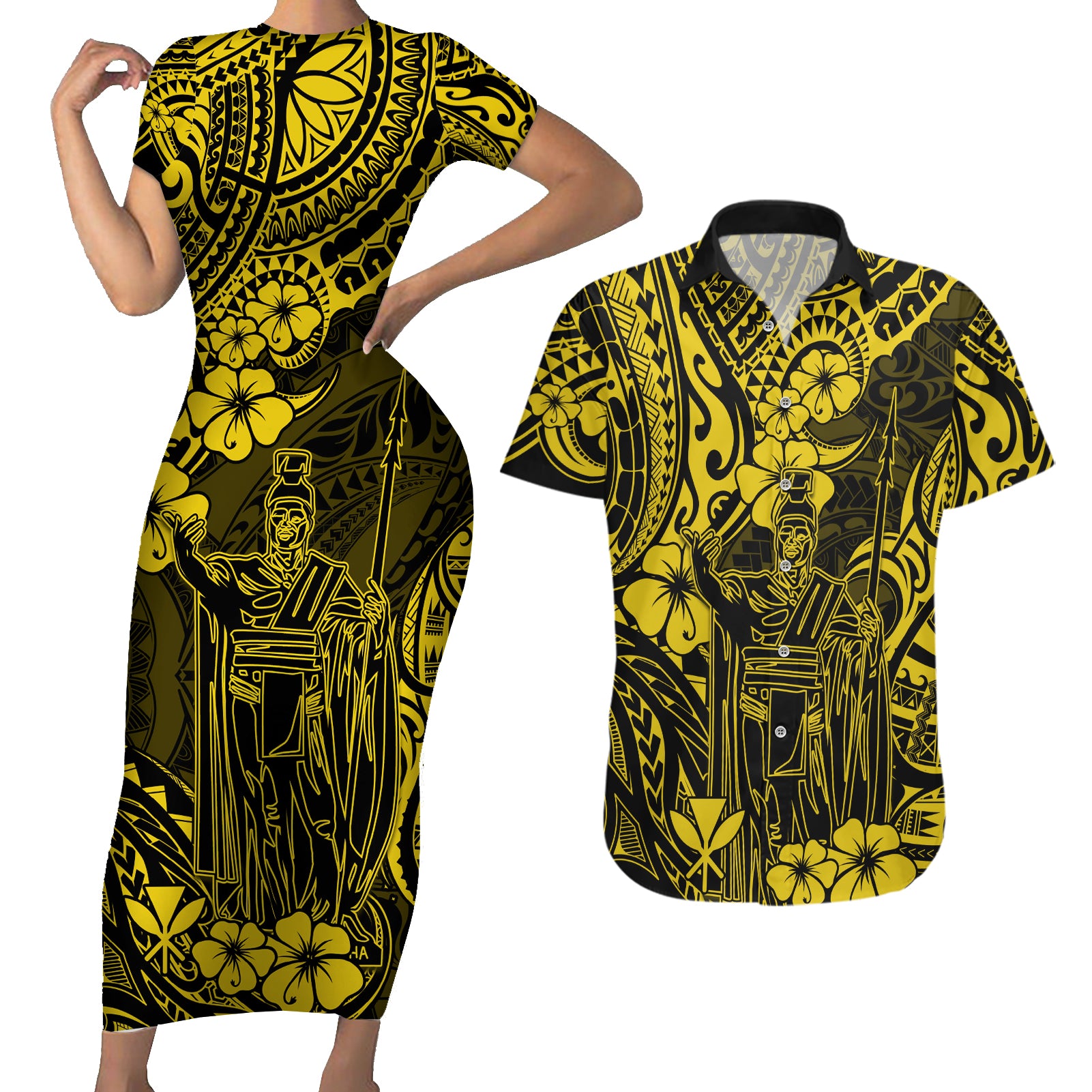 Hawaii King Kamehameha Couples Matching Short Sleeve Bodycon Dress and Hawaiian Shirt Polynesian Pattern Yellow Version - Wonder Print Shop