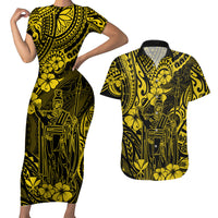 Hawaii King Kamehameha Couples Matching Short Sleeve Bodycon Dress and Hawaiian Shirt Polynesian Pattern Yellow Version - Wonder Print Shop