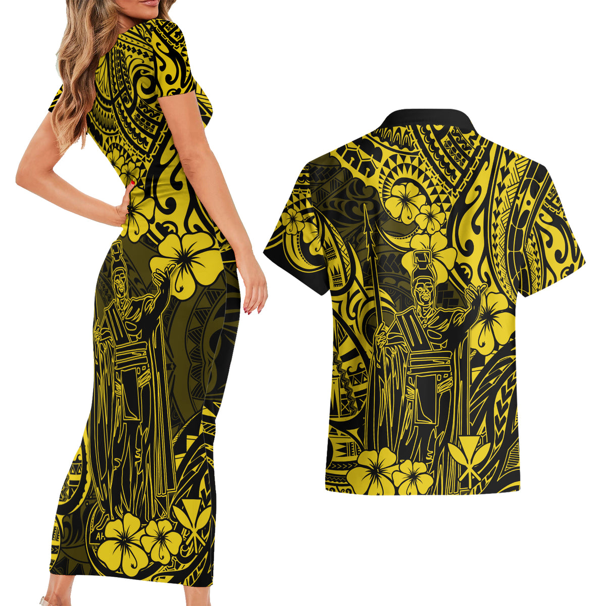 Hawaii King Kamehameha Couples Matching Short Sleeve Bodycon Dress and Hawaiian Shirt Polynesian Pattern Yellow Version - Wonder Print Shop