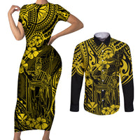 Hawaii King Kamehameha Couples Matching Short Sleeve Bodycon Dress and Long Sleeve Button Shirts Polynesian Pattern Yellow Version - Wonder Print Shop