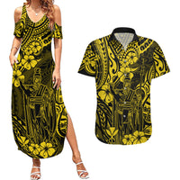 Hawaii King Kamehameha Couples Matching Summer Maxi Dress and Hawaiian Shirt Polynesian Pattern Yellow Version - Wonder Print Shop