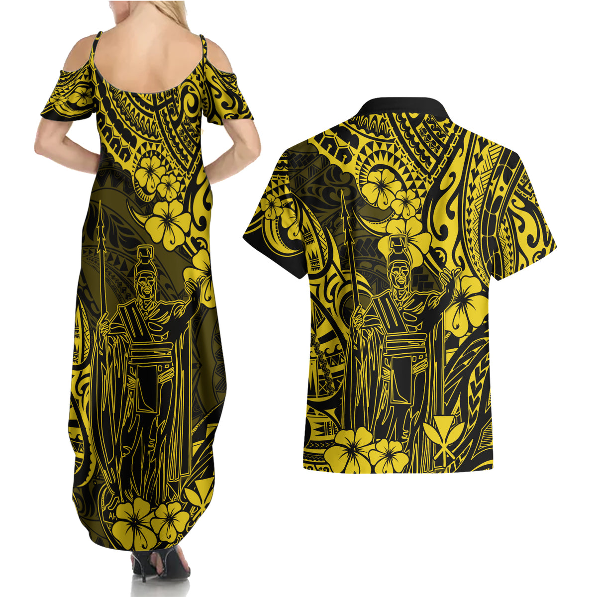 Hawaii King Kamehameha Couples Matching Summer Maxi Dress and Hawaiian Shirt Polynesian Pattern Yellow Version - Wonder Print Shop