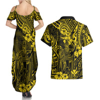 Hawaii King Kamehameha Couples Matching Summer Maxi Dress and Hawaiian Shirt Polynesian Pattern Yellow Version - Wonder Print Shop