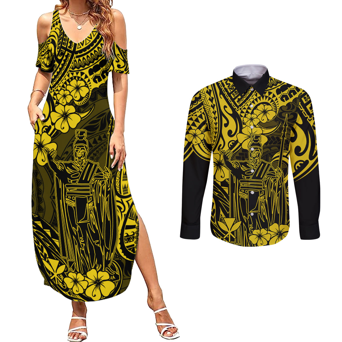Hawaii King Kamehameha Couples Matching Summer Maxi Dress and Long Sleeve Button Shirts Polynesian Pattern Yellow Version - Wonder Print Shop