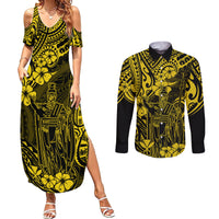 Hawaii King Kamehameha Couples Matching Summer Maxi Dress and Long Sleeve Button Shirts Polynesian Pattern Yellow Version - Wonder Print Shop