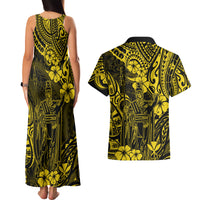 Hawaii King Kamehameha Couples Matching Tank Maxi Dress and Hawaiian Shirt Polynesian Pattern Yellow Version - Wonder Print Shop