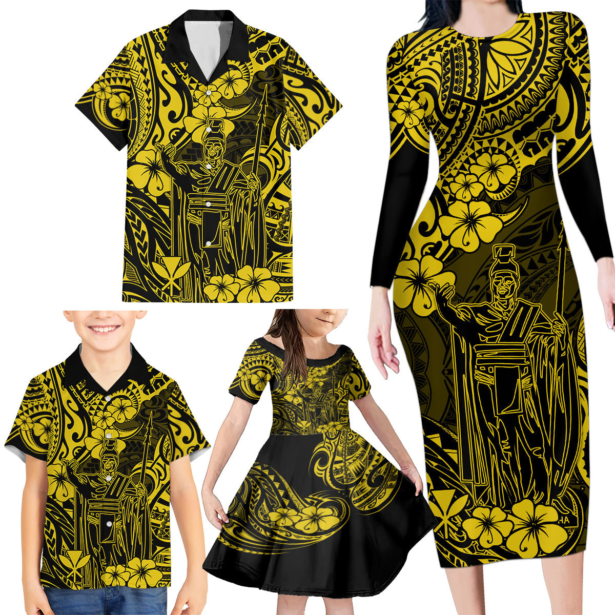 Hawaii King Kamehameha Family Matching Long Sleeve Bodycon Dress and Hawaiian Shirt Polynesian Pattern Yellow Version - Wonder Print Shop