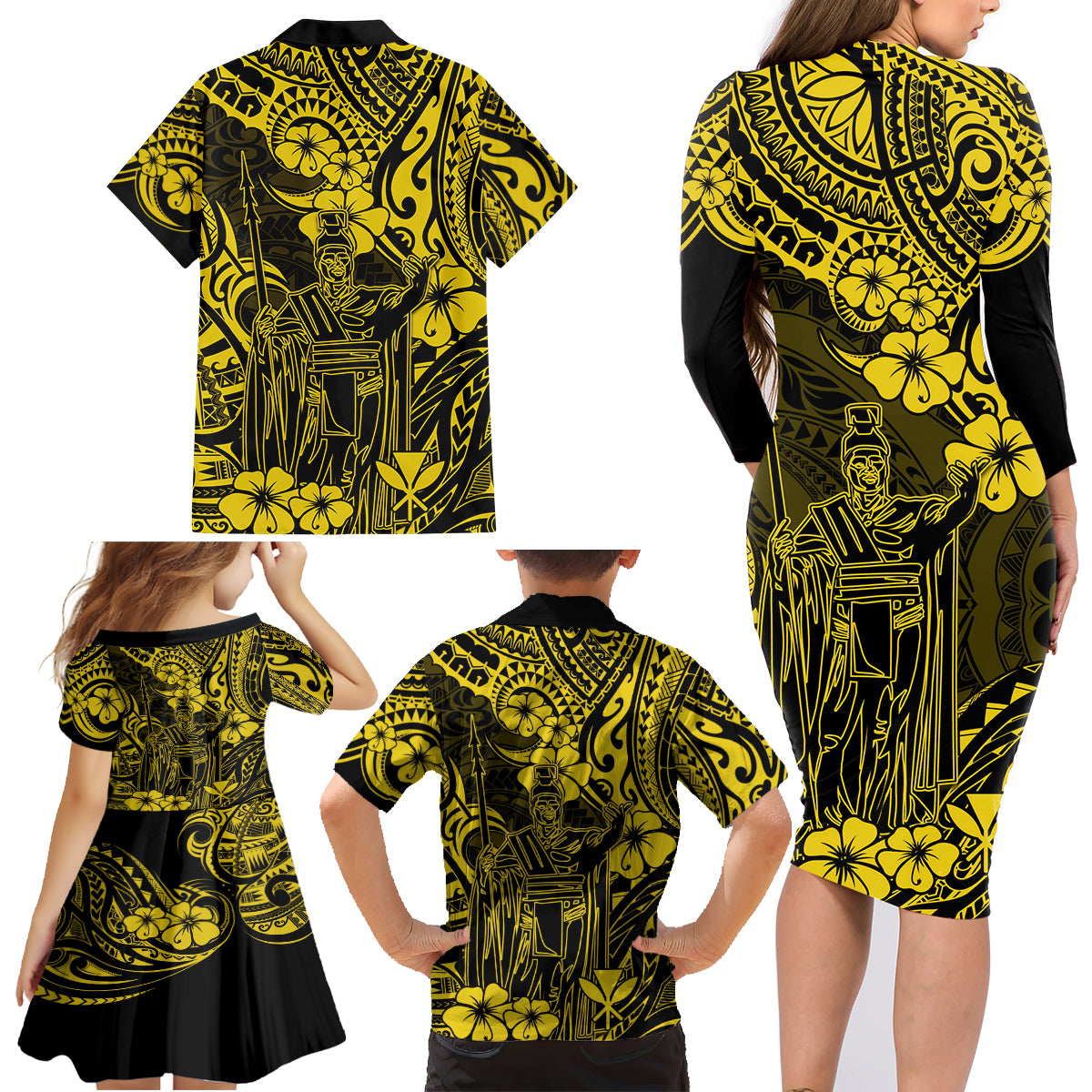 Hawaii King Kamehameha Family Matching Long Sleeve Bodycon Dress and Hawaiian Shirt Polynesian Pattern Yellow Version - Wonder Print Shop