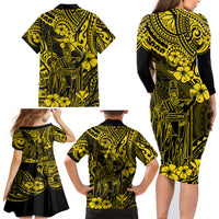 Hawaii King Kamehameha Family Matching Long Sleeve Bodycon Dress and Hawaiian Shirt Polynesian Pattern Yellow Version - Wonder Print Shop