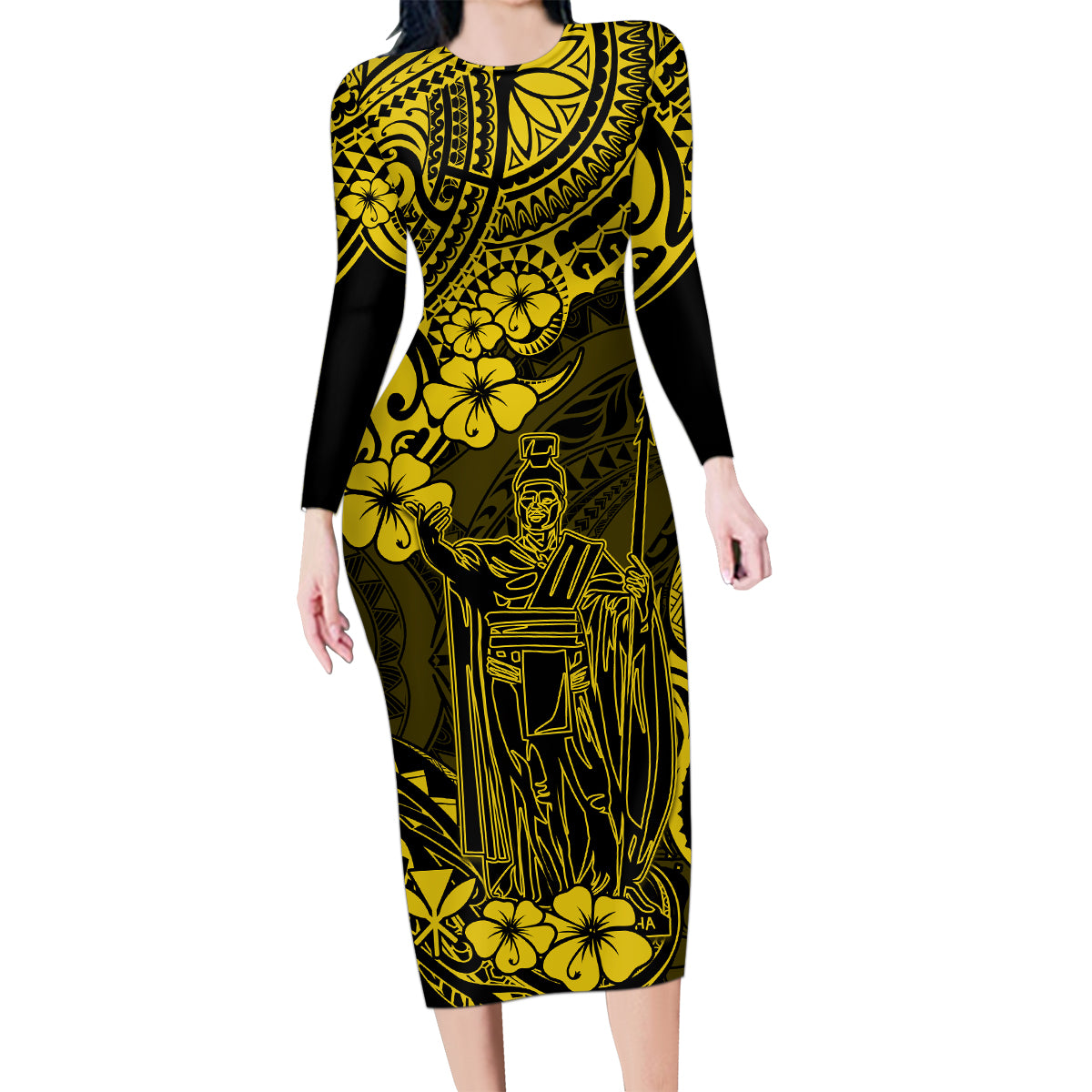 Hawaii King Kamehameha Family Matching Long Sleeve Bodycon Dress and Hawaiian Shirt Polynesian Pattern Yellow Version - Wonder Print Shop