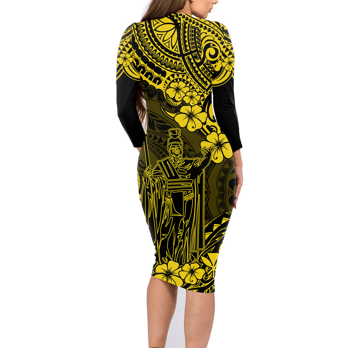 Hawaii King Kamehameha Family Matching Long Sleeve Bodycon Dress and Hawaiian Shirt Polynesian Pattern Yellow Version - Wonder Print Shop