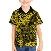 Hawaii King Kamehameha Family Matching Long Sleeve Bodycon Dress and Hawaiian Shirt Polynesian Pattern Yellow Version - Wonder Print Shop