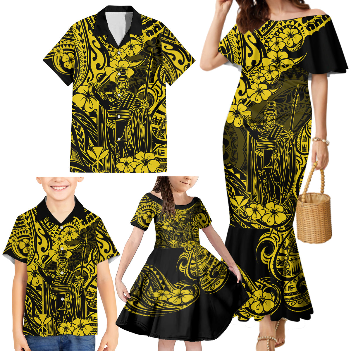 Hawaii King Kamehameha Family Matching Mermaid Dress and Hawaiian Shirt Polynesian Pattern Yellow Version - Wonder Print Shop