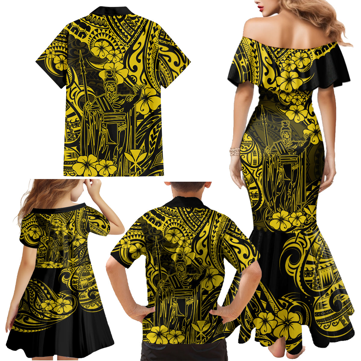 Hawaii King Kamehameha Family Matching Mermaid Dress and Hawaiian Shirt Polynesian Pattern Yellow Version - Wonder Print Shop