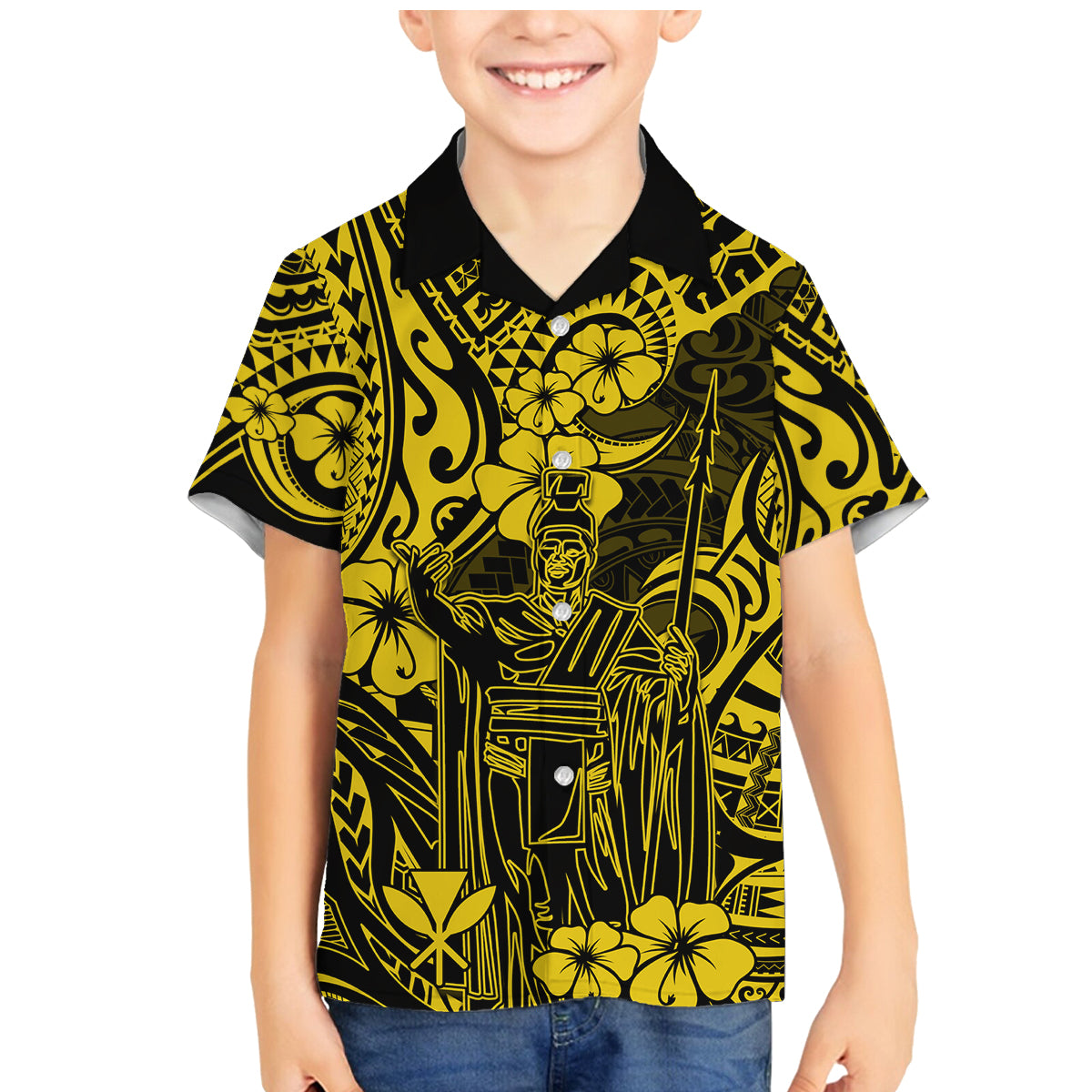 Hawaii King Kamehameha Family Matching Mermaid Dress and Hawaiian Shirt Polynesian Pattern Yellow Version - Wonder Print Shop