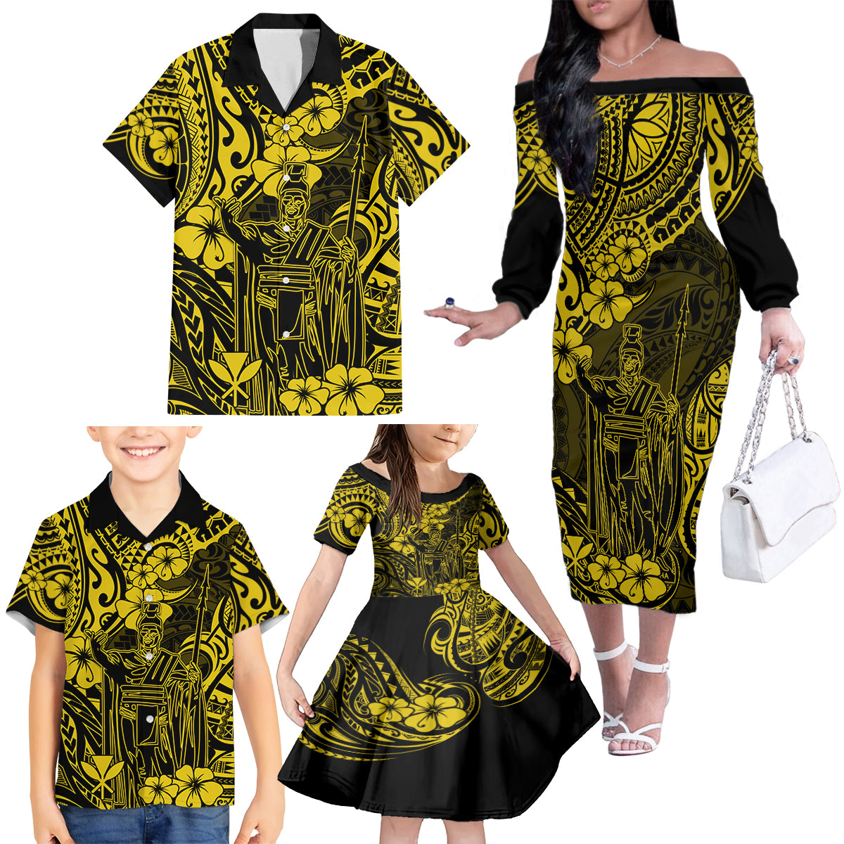 Hawaii King Kamehameha Family Matching Off Shoulder Long Sleeve Dress and Hawaiian Shirt Polynesian Pattern Yellow Version - Wonder Print Shop