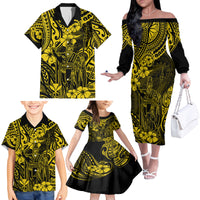 Hawaii King Kamehameha Family Matching Off Shoulder Long Sleeve Dress and Hawaiian Shirt Polynesian Pattern Yellow Version - Wonder Print Shop