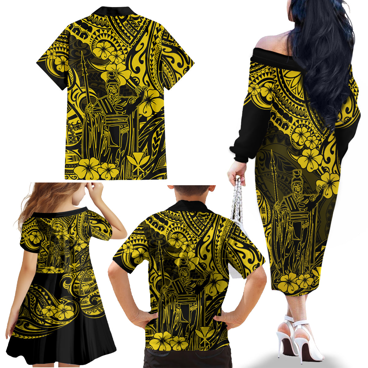 Hawaii King Kamehameha Family Matching Off Shoulder Long Sleeve Dress and Hawaiian Shirt Polynesian Pattern Yellow Version - Wonder Print Shop