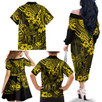 Hawaii King Kamehameha Family Matching Off Shoulder Long Sleeve Dress and Hawaiian Shirt Polynesian Pattern Yellow Version - Wonder Print Shop
