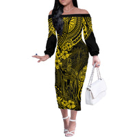 Hawaii King Kamehameha Family Matching Off Shoulder Long Sleeve Dress and Hawaiian Shirt Polynesian Pattern Yellow Version - Wonder Print Shop