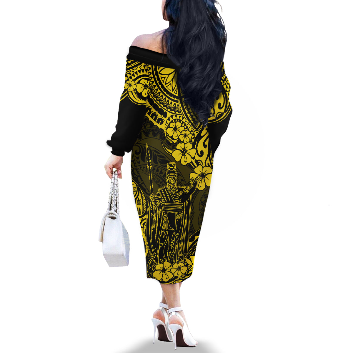 Hawaii King Kamehameha Family Matching Off Shoulder Long Sleeve Dress and Hawaiian Shirt Polynesian Pattern Yellow Version - Wonder Print Shop