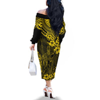 Hawaii King Kamehameha Family Matching Off Shoulder Long Sleeve Dress and Hawaiian Shirt Polynesian Pattern Yellow Version - Wonder Print Shop